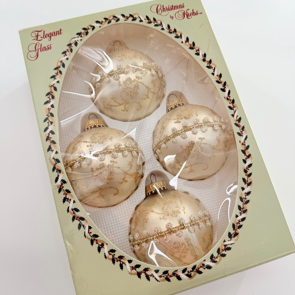 Glass Ornaments Christmas by Krebs Set of 4 Angelic Brocade Gold Glitter Vintage